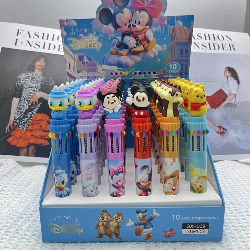 36pcs Disney Mickey Family 10 Colors Ballpoint Multi Color Press Pen Cute Cartoon Gel Pen Student Supplies Stationery Wholesale