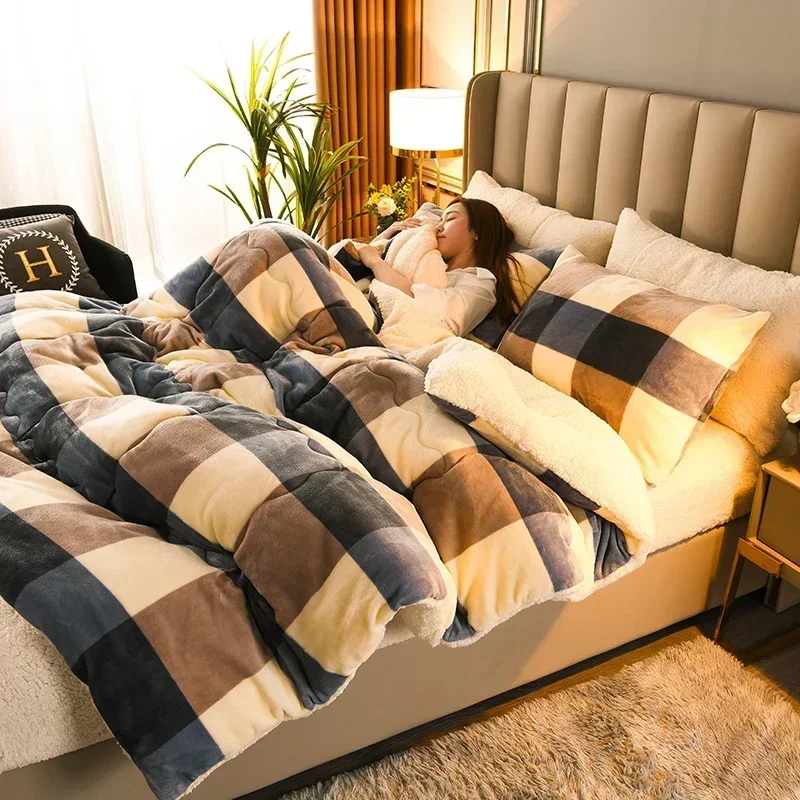 Plaid Super Thick Warm Blankets for Winter Autumn Milk Fleece Thicken Warmth Sleeping Blanket Soft Fluffy Comforter Quilt Duvet