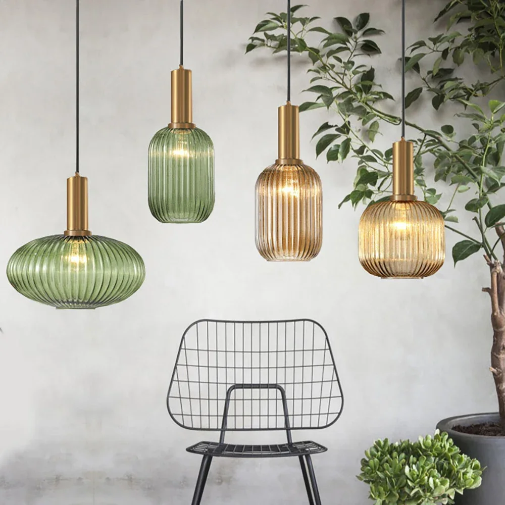 Striped Glass Pendant Lights Nordic Minimalist Vintage Lantern Chandelier Dining Room Kitchen Island Home Bedside Hanging Lamps