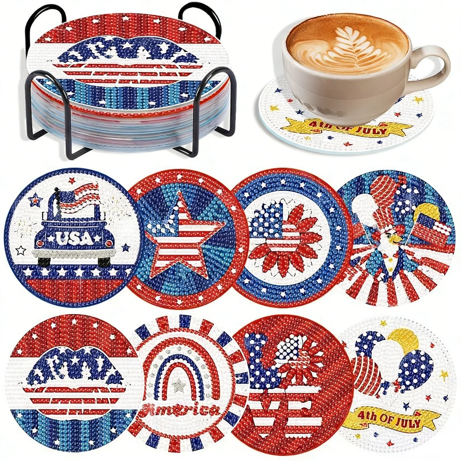 

Flag Day and Independence Day of the United States DIY Diamond Painting Coasters with Holder Souvenirs New Arrival