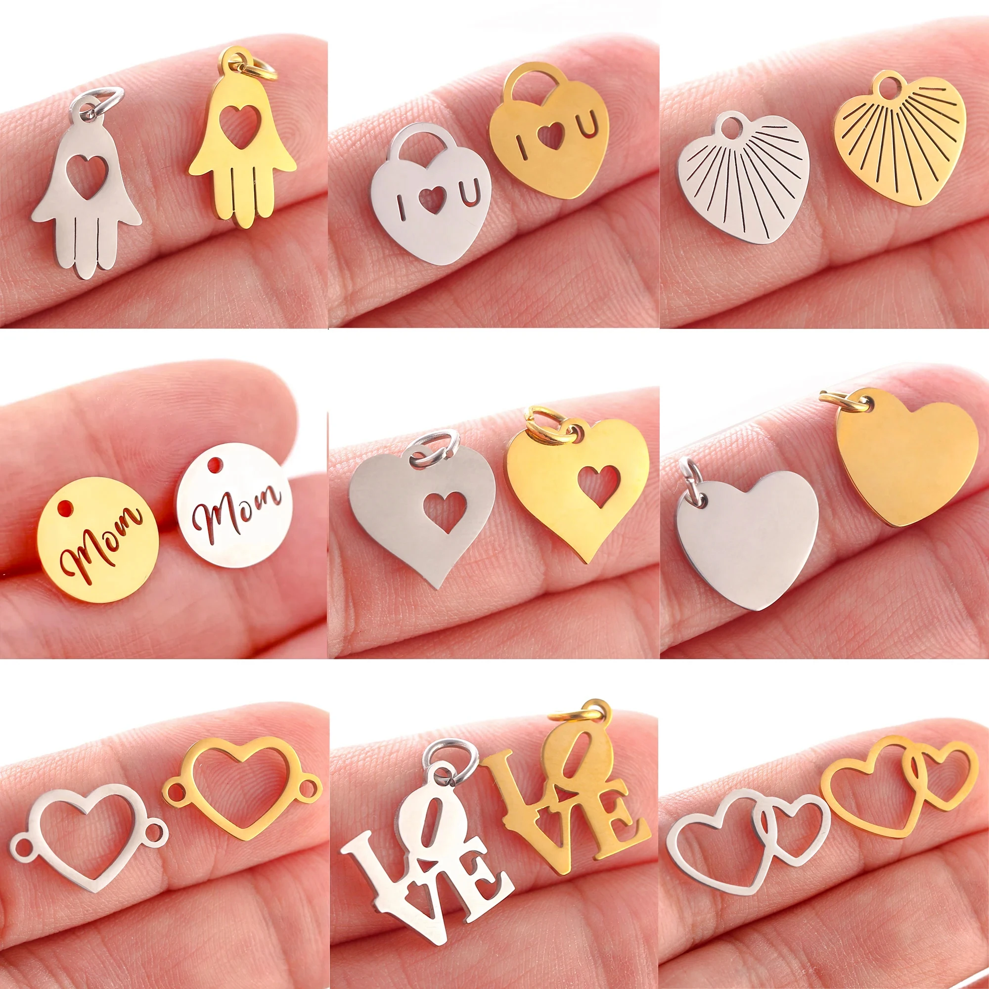 5Pcs/Lot Stainless Steel Sweet Pendant Hand/MoM /Love/Heart Connector Charm DIY Handmade Mother's/Valentine's day Jewelry Making