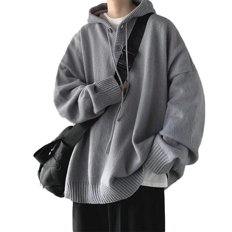 Hoodie Sweater Men's Winter Loose Chic Retro Knit Solid Outerwear Y2k Button Tops Korean Fashion Trendy Warm Women Man Clothing