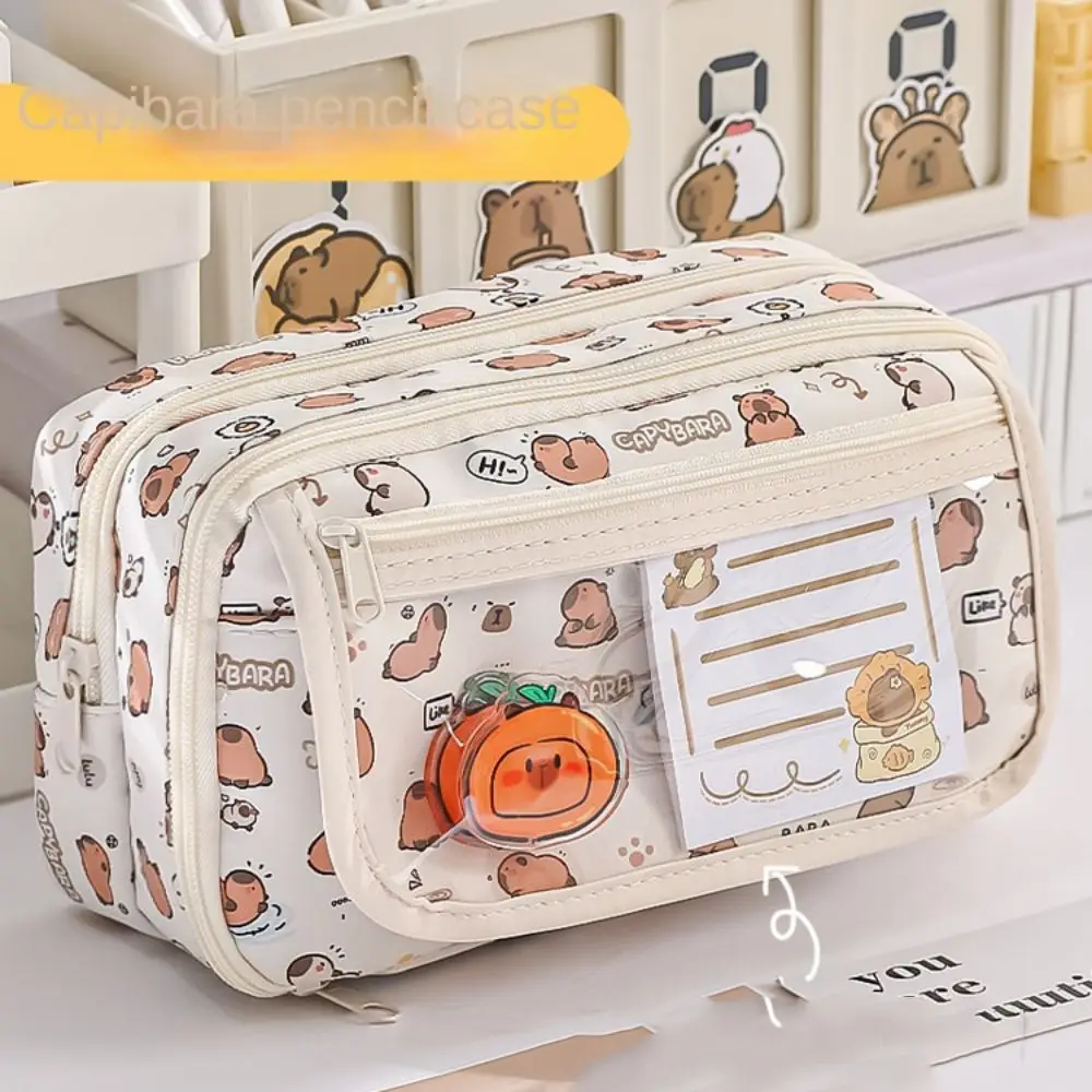 Multi camada capivara saco de papelaria bolso transparente lona capibara lápis saco flip capa grande capacidade dos desenhos animados caneta bolsa