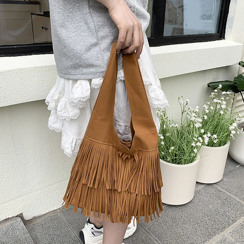 Lässige Vintage-Tasche mit großer Kapazität für Damen, neue modische Pendler-Achseltasche, vielseitige Hobo-Tasche mit Quastendesign – Detail 15