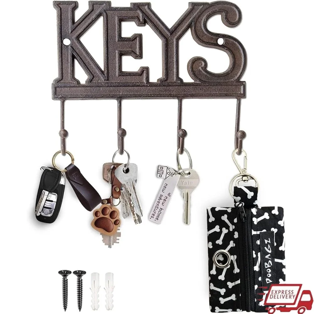 

Rustic Cast Iron Key Holder Wall Mount Vintage Organizer with 4 Hooks Decorative Key Rack Entryway Home Storage