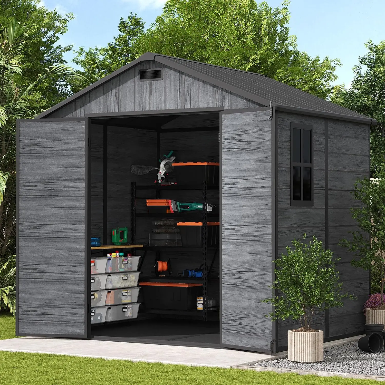Resin Outdoor Storage Shed 8x6 FT, Waterproof Garden Tool Shed for Patio Backyard Lawn, Customized