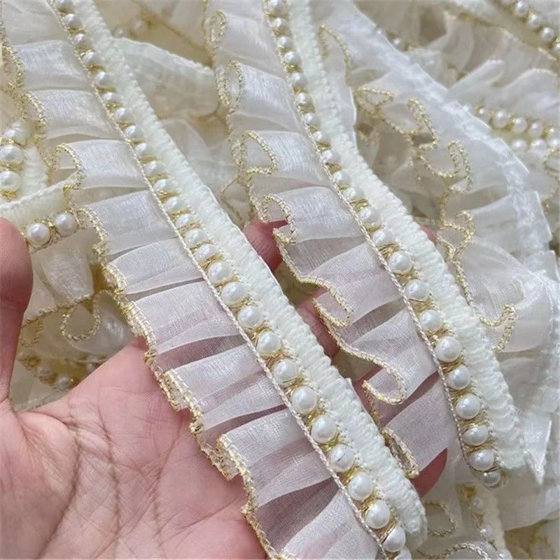 4CM Wide Luxury Pleated Chiffon Glitter Beaded Fringed Ruffle Lace Fabric Collar Trim Wedding Dress Guipure DIY Sewing Decor