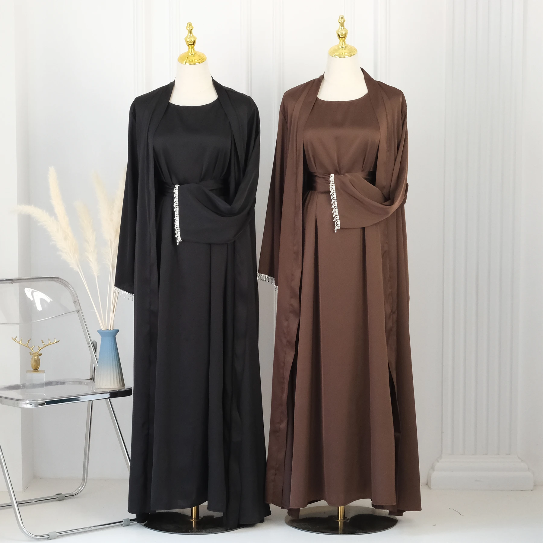 

Open Abaya Beading Kimono Muslim Women Inner Maxi Dresses Set 2 Piece Turkey Dubai Kaftan Islamic Eid Ramadan Arab Robe Jalabiya