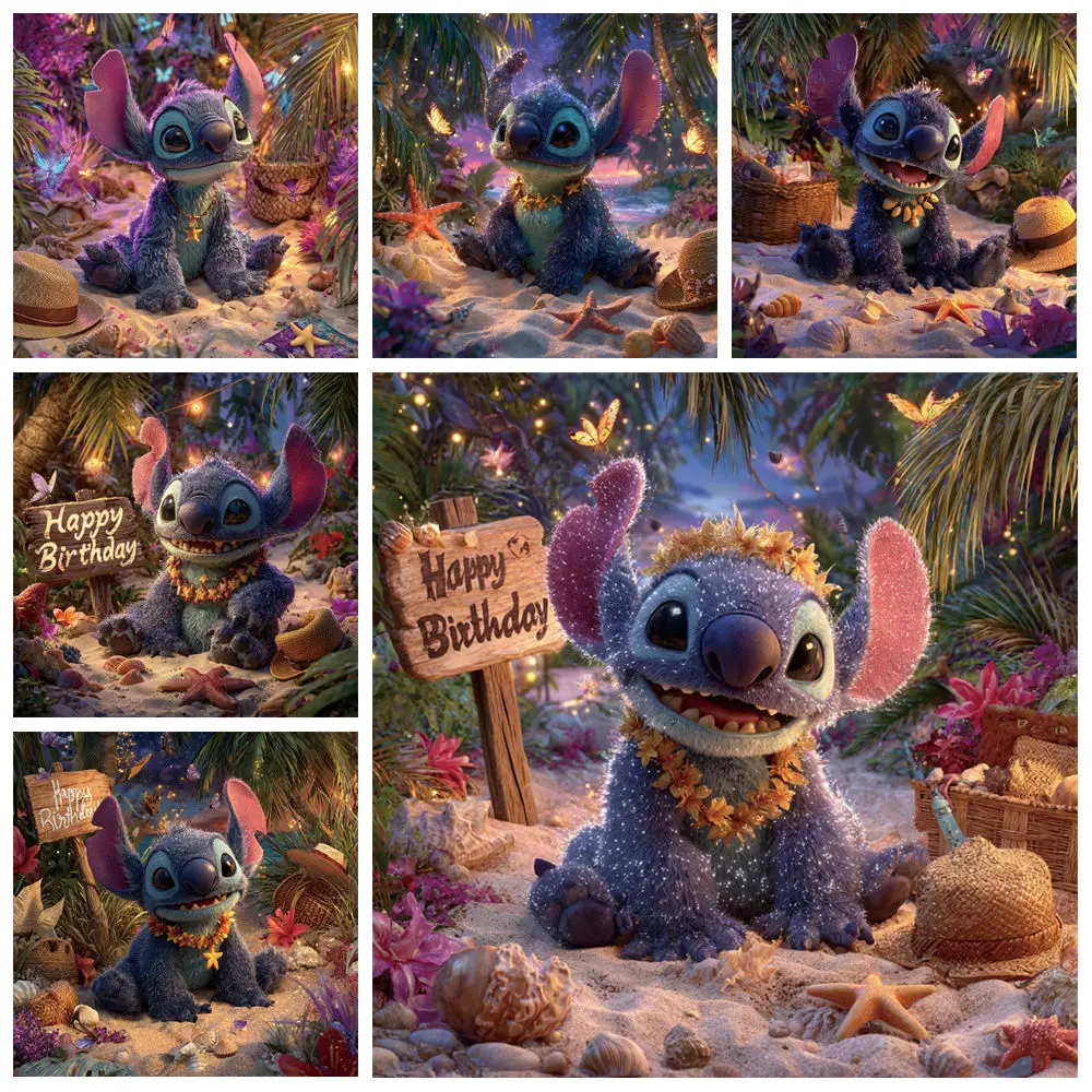 

Baby Birthday Lilo Stitch Background Photography Party Decoration Summer Beach Palm Trees Background Kids Communion Photozone