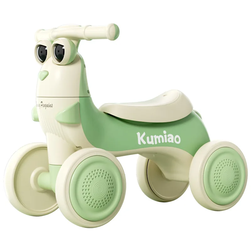 4輪幼児用スクーター漫画ペンギンバランスバイク、1〜3歳のお子様向け、乗車学習用ベビースクーター、音楽とLEDライト付き