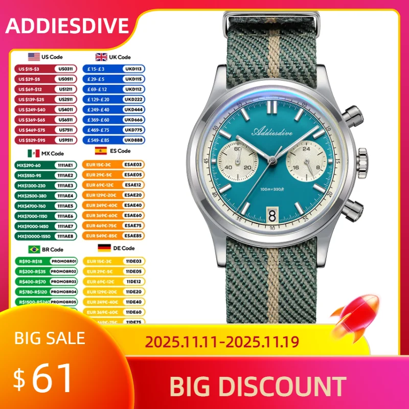 ADDIESDIVE nouvelles montres pour hommes VK64 mouvement montre-bracelet à Quartz étanche 100m chronographe AR revêtement 38mm montre de luxe homme AD2095