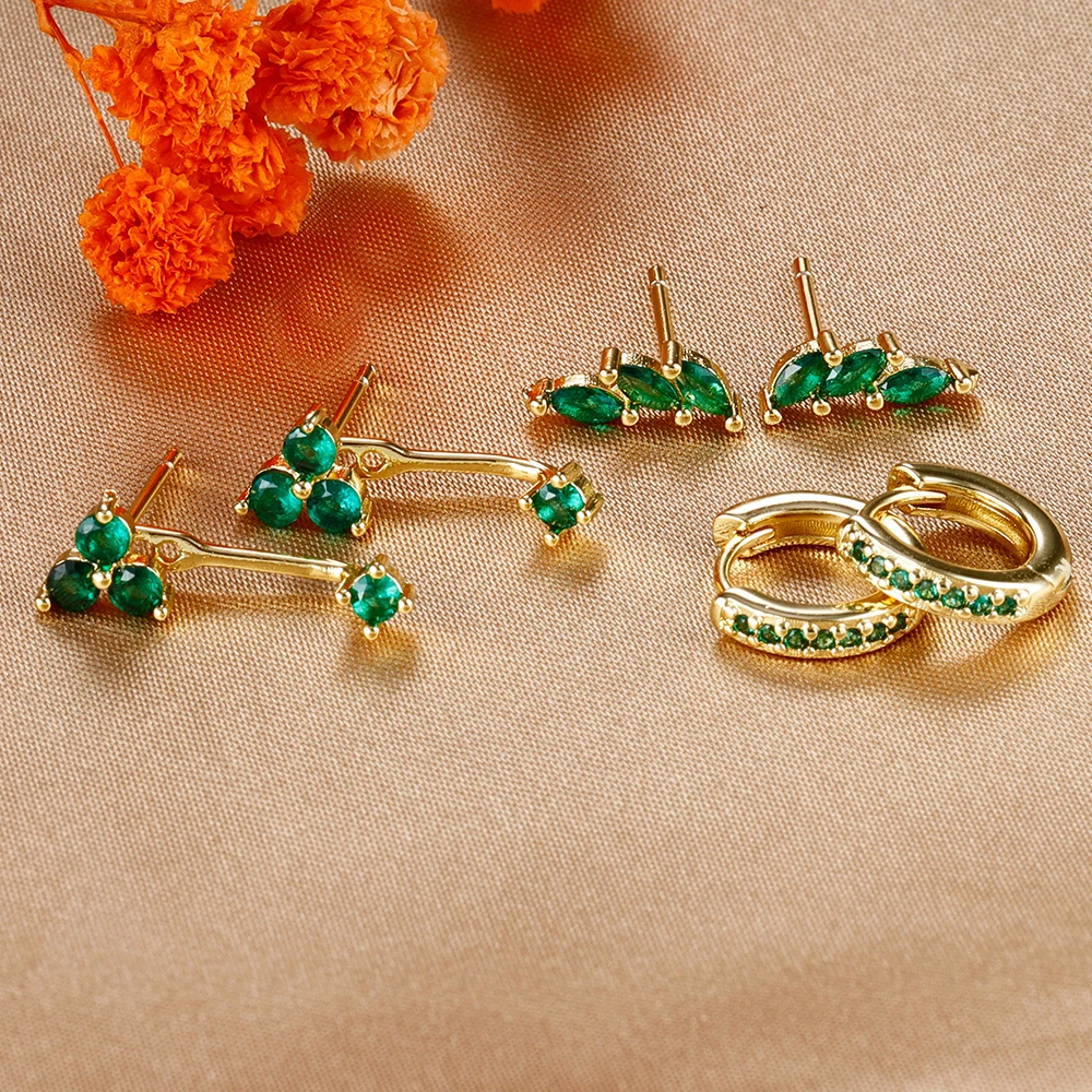 6PCS Exquisite Green Zircon Hoop Earrings Set for Women Gold Plated Stainless Steel Cartilage Piercing Earring Statement Jewelry