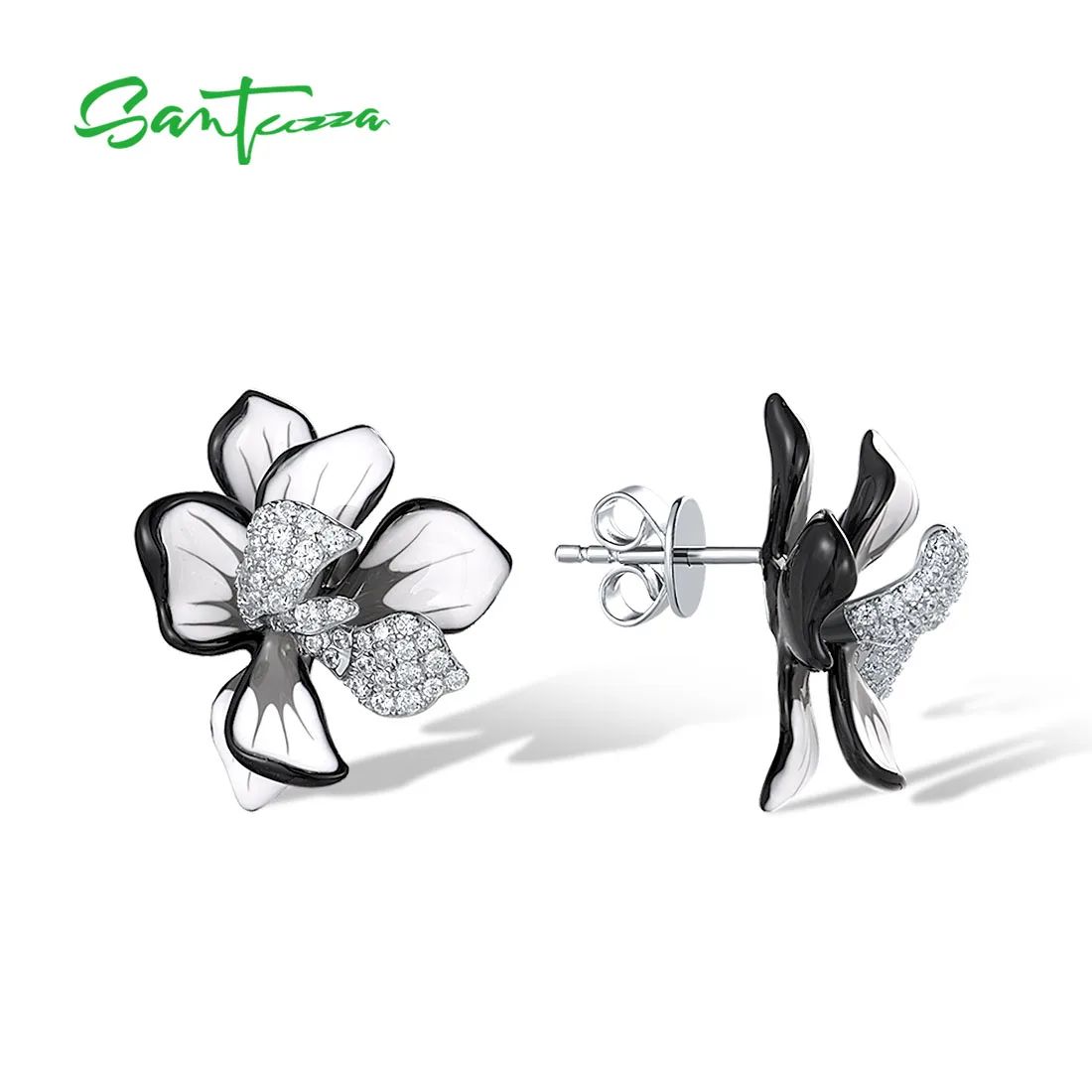 SANTUZZA – boucles d'oreilles en argent Sterling 925 pur pour femmes, fleur scintillante en émail violet et blanc, bijoux fins de fête Chic de mariage