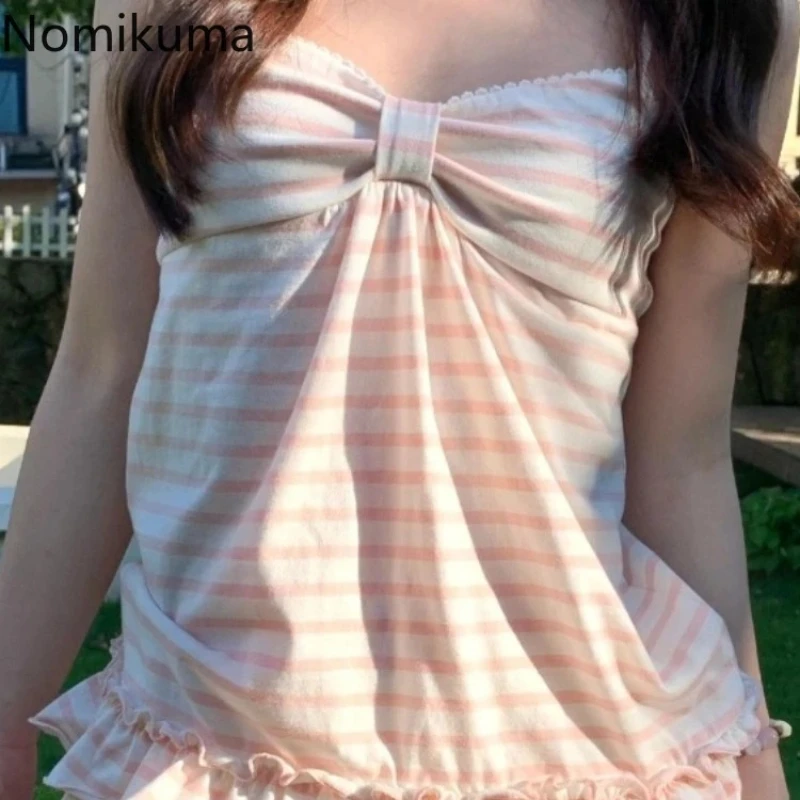 

Sweet Style Y2K Black Ear-trimmed Striped Halter Top, Summer Fresh and Light, Bow Collar, Slim Short Sleeveless Design