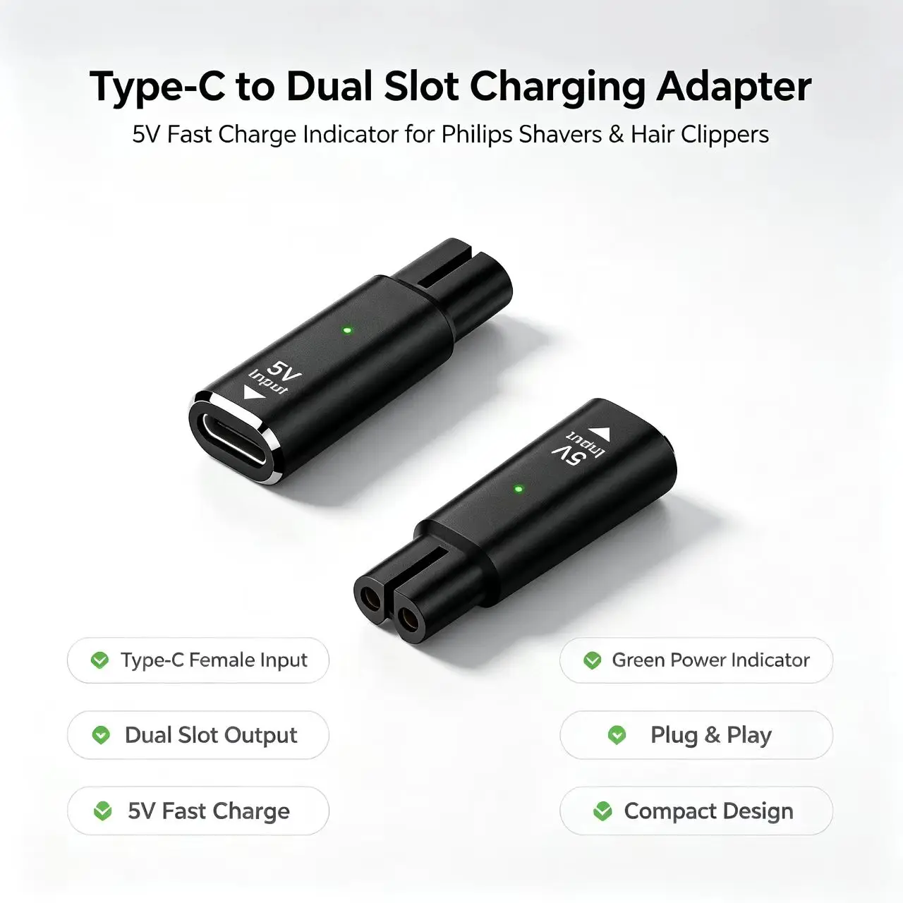 Type C Female to Dual Slot Charging Adapter 5V PD Power Converter for Philips Shaver QP2724 QP2834 MG5910