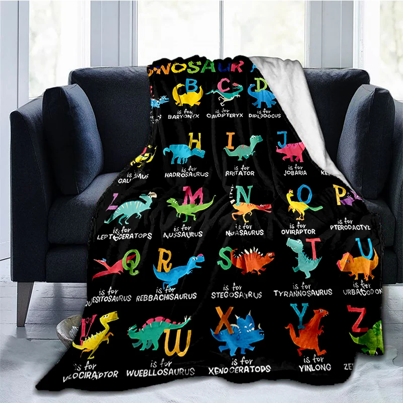 Cartoon dinosaur English letter printed blanket, soft and warm flannel blanket, household bed sofa travel camping blanket