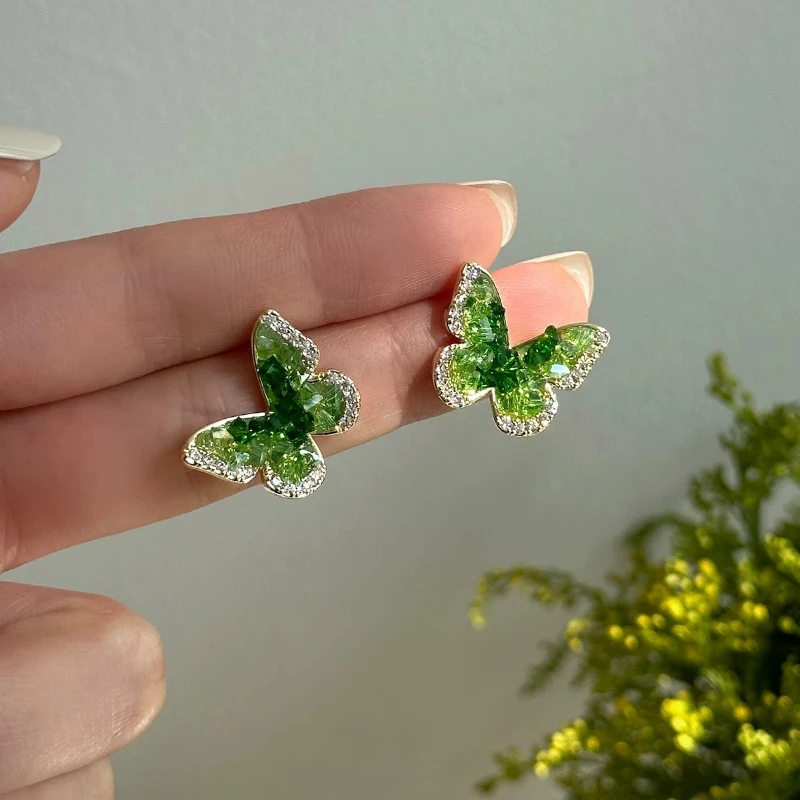 Korean New Design Fashion Jewelry 14K Gold plated Green Crystal Butterfly Earrings Elegant Women Daily Work Accessories