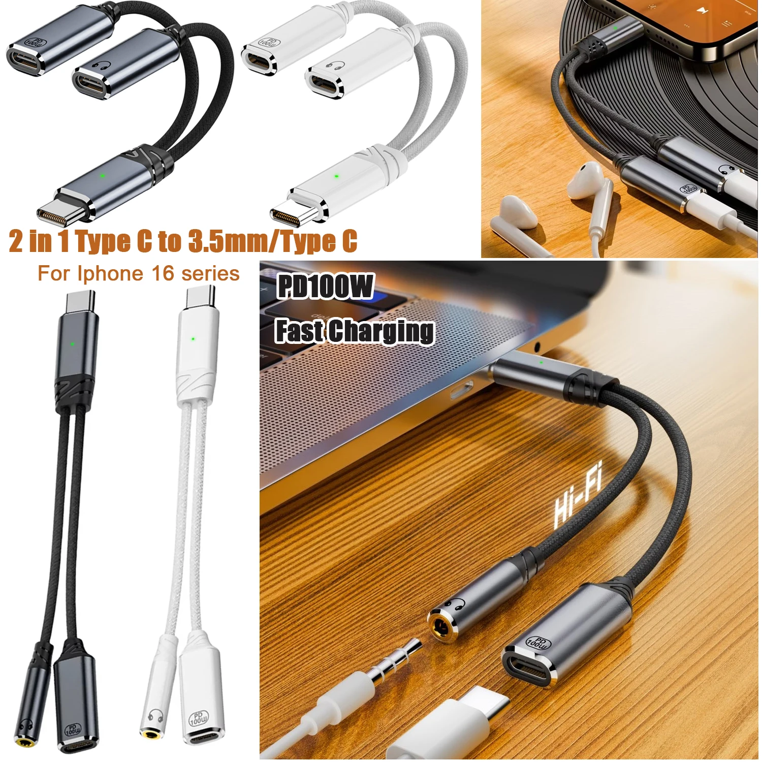 USB C 2-in-1 Type-C to 3.5mm Jack Adapter Audio PD100W Fast Charging USB C Male to Double USB C Splitter Cable for Iphone 15 16