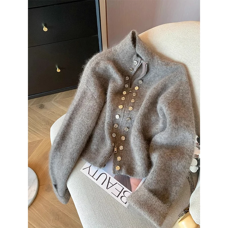 

MEXZT Vintage Cropped Knitted Cardigan Women Korean Chic Buttons Sweater Outerwear Winter Long Sleeve Knitwear Casual Jumpers