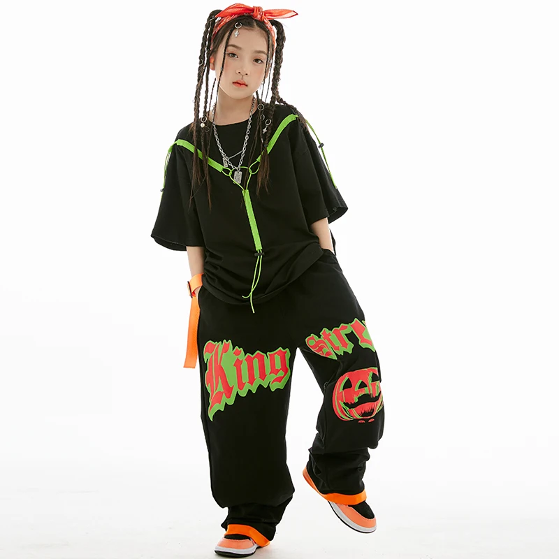 Kids Hip Hop Clothes Black Loose Tops Pants Girls Jazz Dance Practice Wear Boys Breaking Hiphop Performance Wear Fashion BL10432