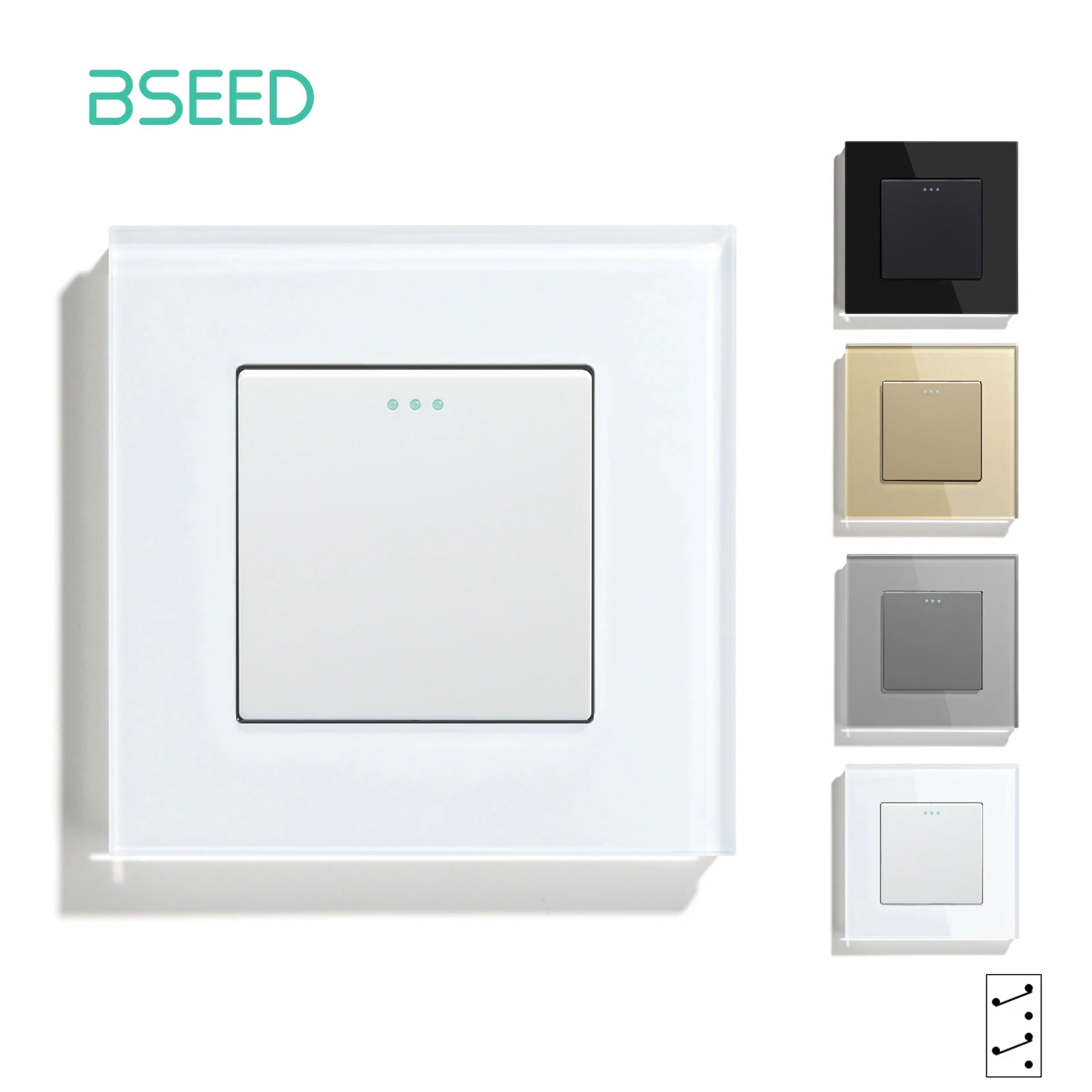 BSEED Wall Switches Button 1Gang Intermediate Switch Glass Panel Mechanical Switches EU Standard White Black Golden