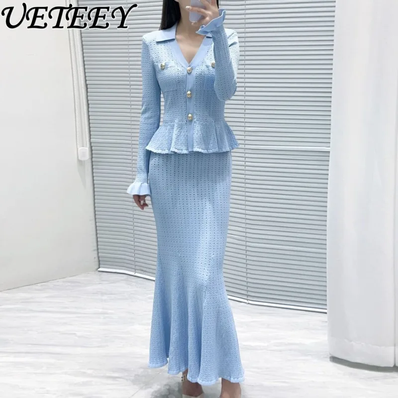 2025 ฤดูใบไม้ร่วงใหม่ภาษาฝรั่งเศสคําคนดังอารมณ์Elegant SlimmingแขนยาวVคอRuffle Edge Top + เอวสูงชุดกระโปรงยาว