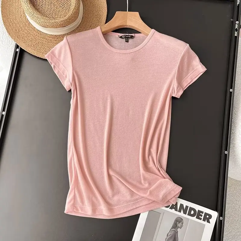 Dave&Di Nordic Minimalist Solid Color Basic Round Neck T-Shirt For Women Top Cotton Soft Casual Summer Tshirts