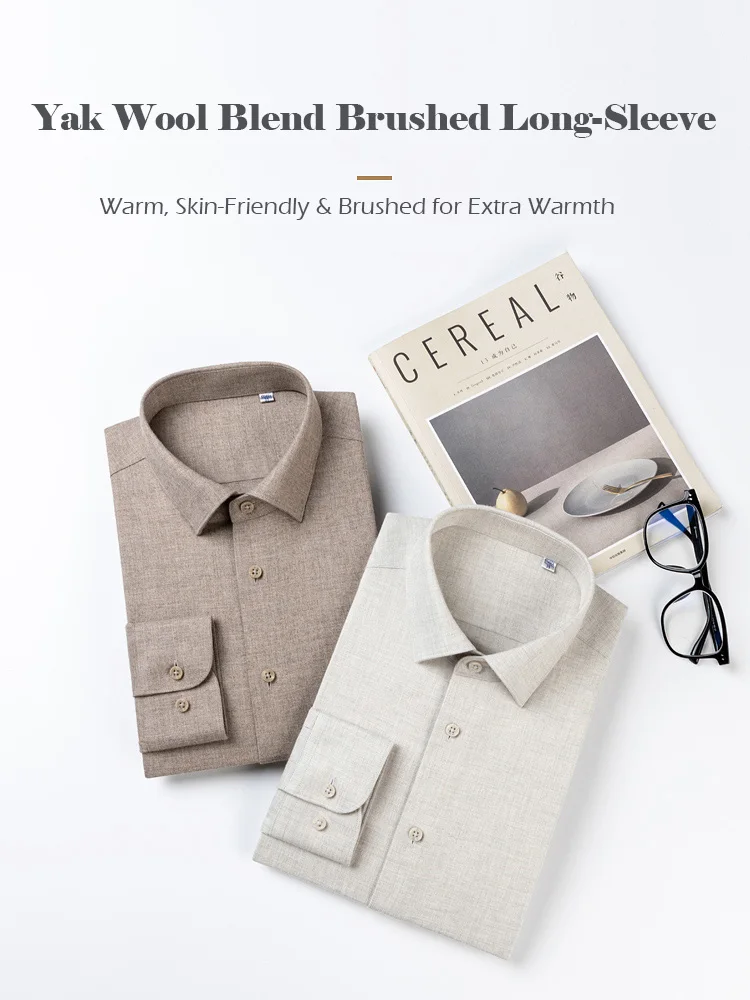 Camisa formal para hombre, algodón de fibra larga, color claro, mezcla de Yak, cepillado, cálido, cómodo, transpirable, camisa de negocios de manga larga Camel
