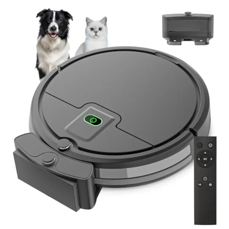 

Robot Vacuum for pet hairs and dust on hardwood floors low-pile carpets, ultra-thin design with 2900Pa suction, tangle-free bru
