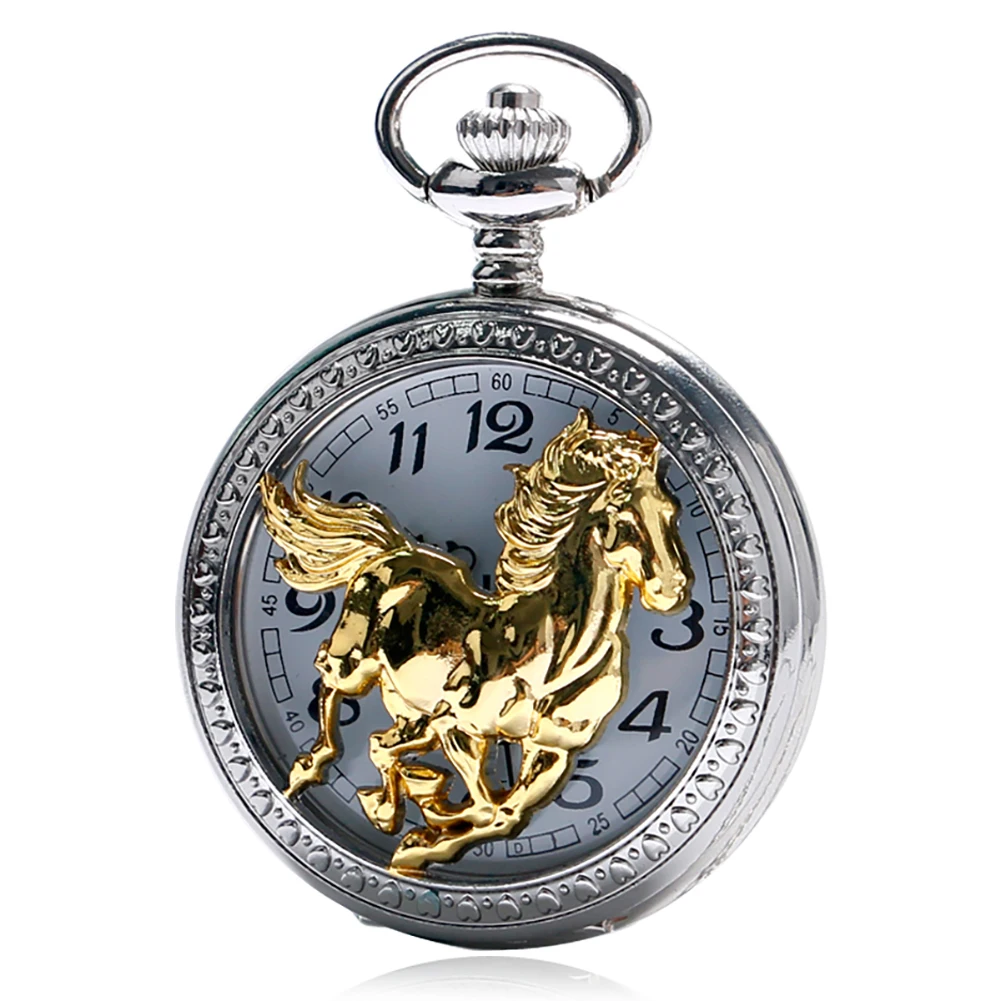 Reloj de bolsillo de cuarzo para hombre y mujer, colgante de cadena de Animal, de lujo, plata, oro, caballo que choca, zodiaco chino