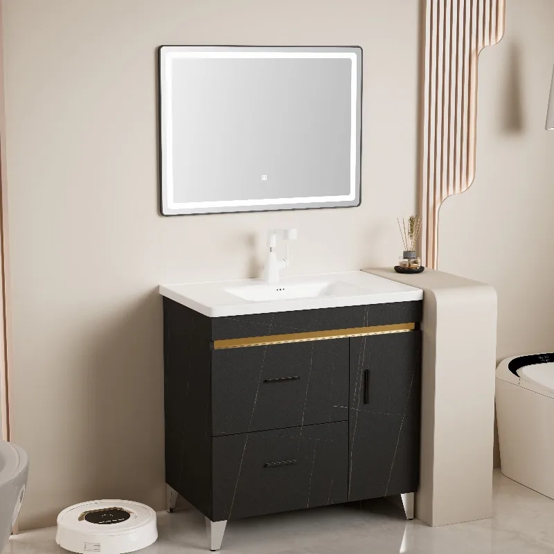 

Stainless Steel Bathroom Cabinet Ceramic Basin and Light Emitting Diode Mirror Bathroom Vanity
