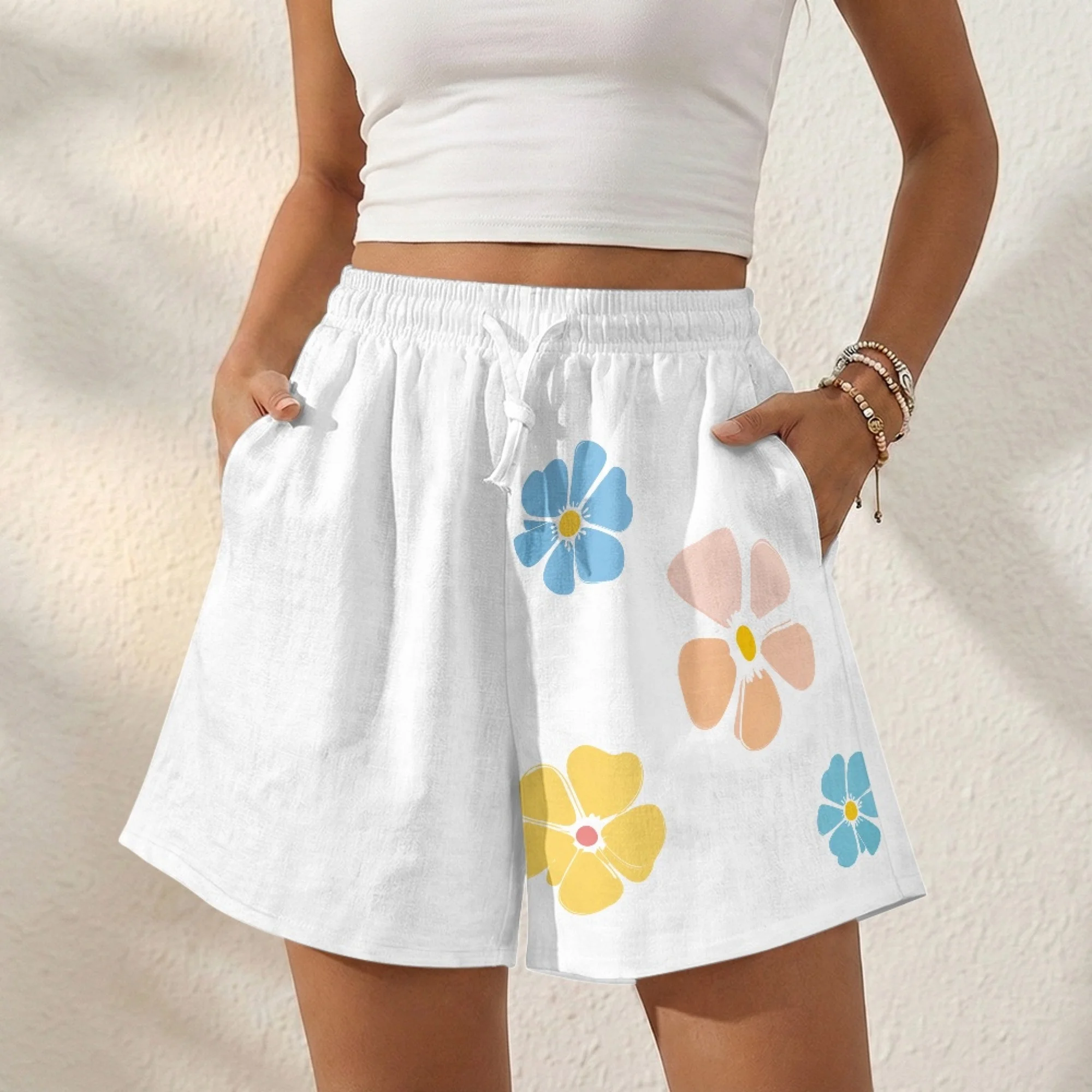

Women's Casual Linen Shorts Cute Flower Linen Shorts for Women Loose Fitting Shorts Travel Casual High Waisted Shorts S-2XL