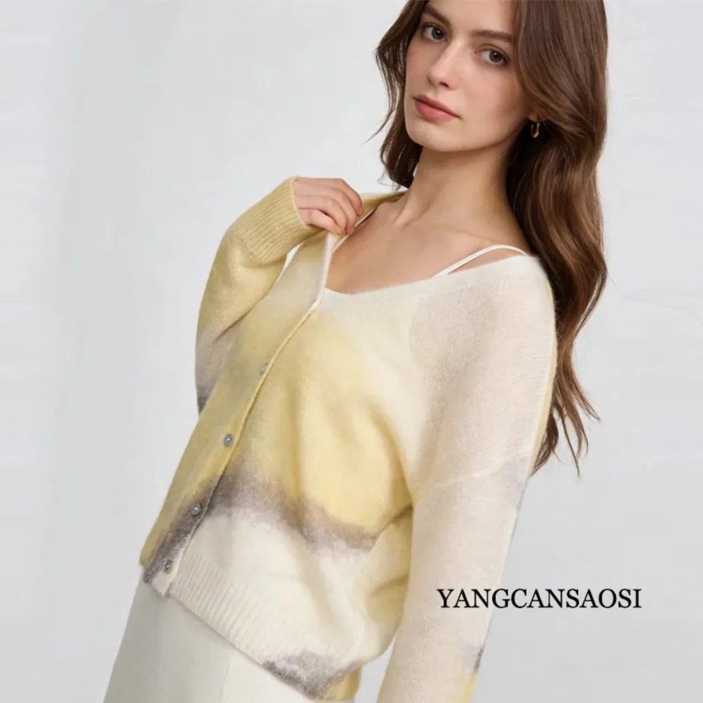 Haut en laine 60%, pull tricoté à manches longues de couleur dégradée pour femmes, Style paresseux, décontracté et confortable, nouveau Style printemps 2026