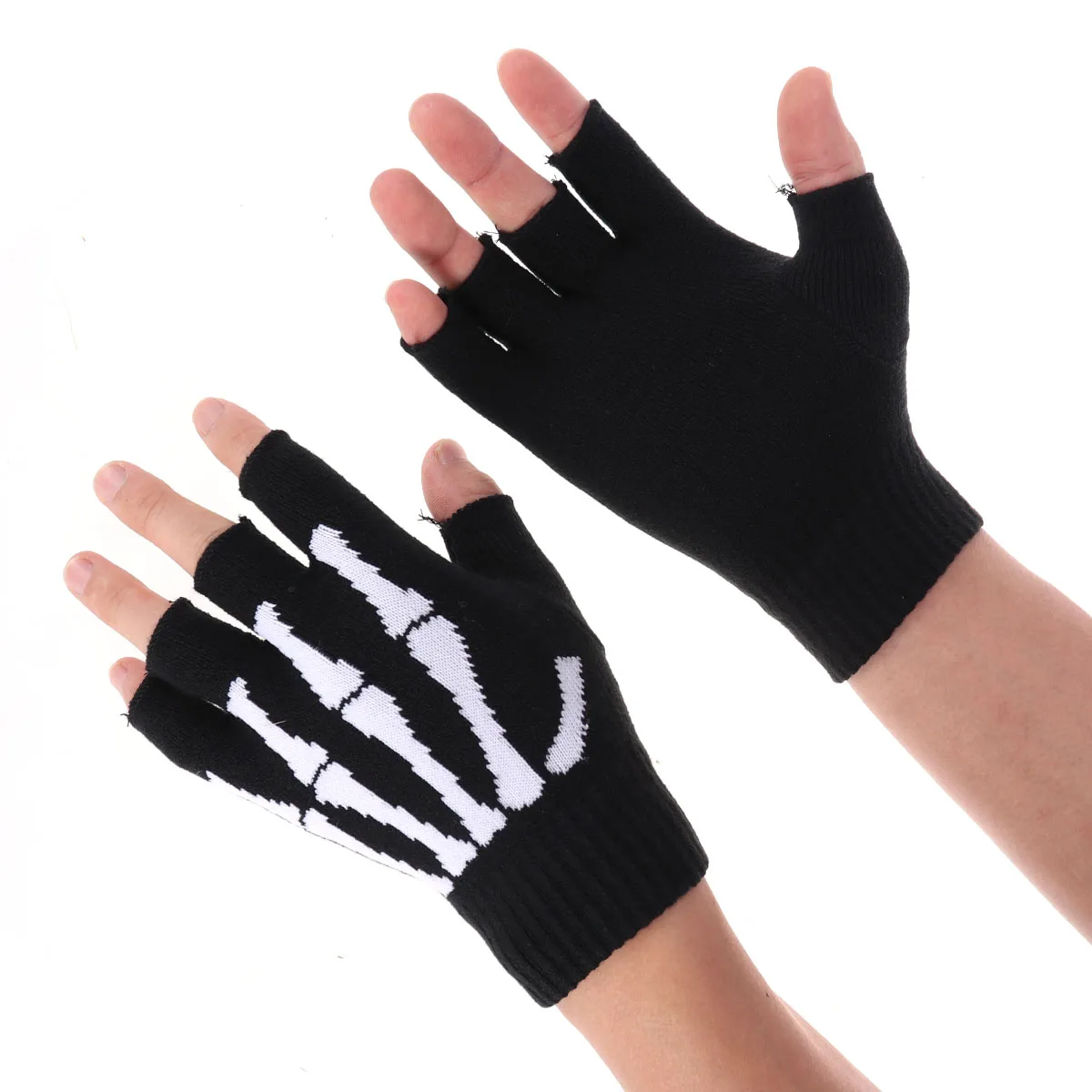 Halloween Hand Bone Half Finger Gloves Cycling Gloves Unisex Finger Pattern Knit Gloves Half Finger Glove