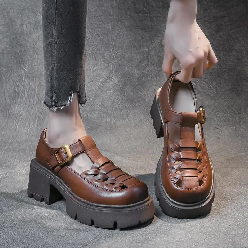 

Women's Hollow out Retro Breathable Thick Heel Sandals Leather Slip-On Flat Bottom Roman Style Summer Shoes Pig Skin Upgraded