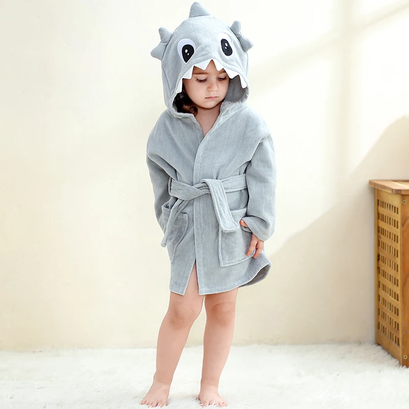 MICHLEY Shark Dinosaur Hooded Baby Bathrobe Cotton Soft Infant Bath Towel Robe Pajamas For Kids Boy Girl Children 1-5T view 2
