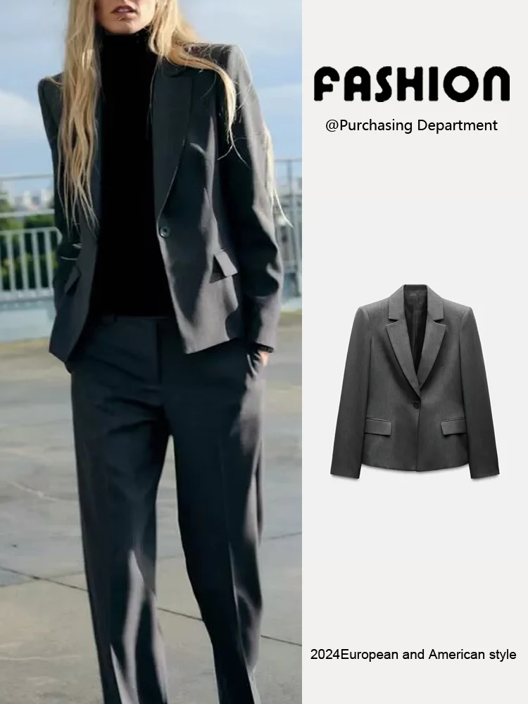 

New Autumn Women's Suit Jaet Long Sve Stand Collar Slim Fit oulder Pad Design Commute Sle Regular Thin