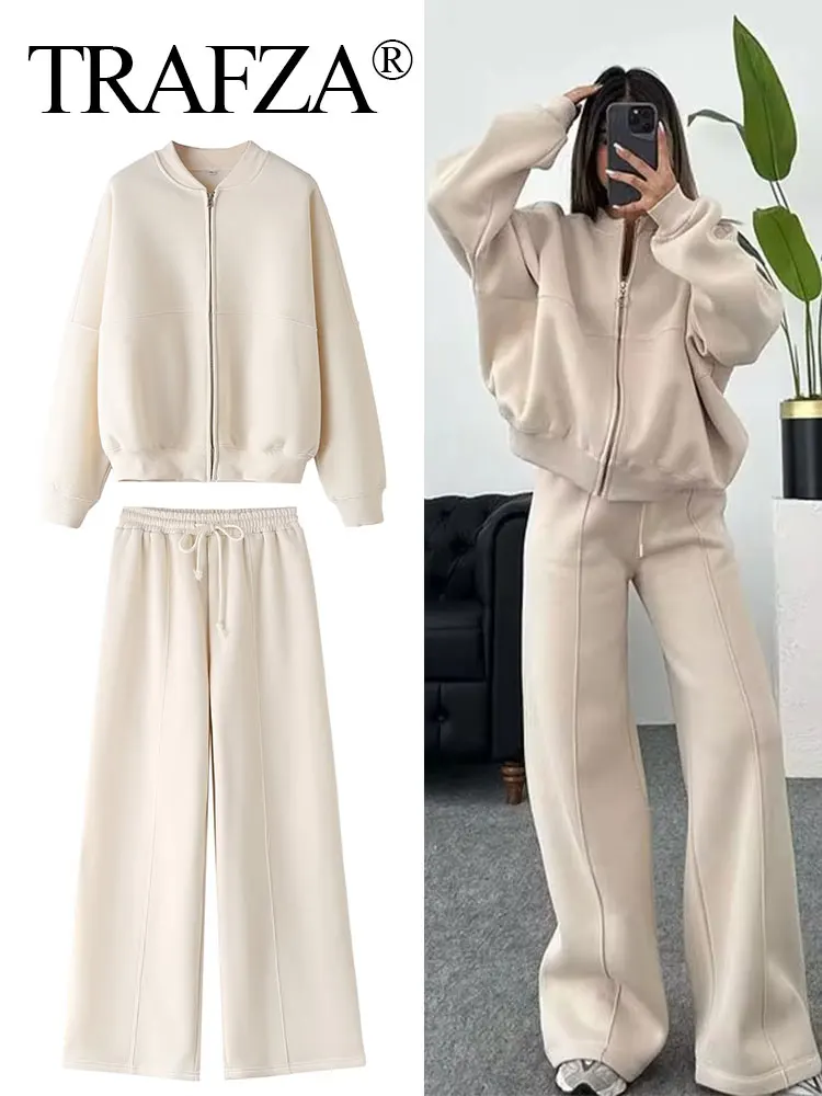 TRAFZA 2024 Woman Solid Trousers Set Long Sleeves Zipper Coat Top + Elastic Waist Lace Up Wild Commute Female Wide Leg Long Pant