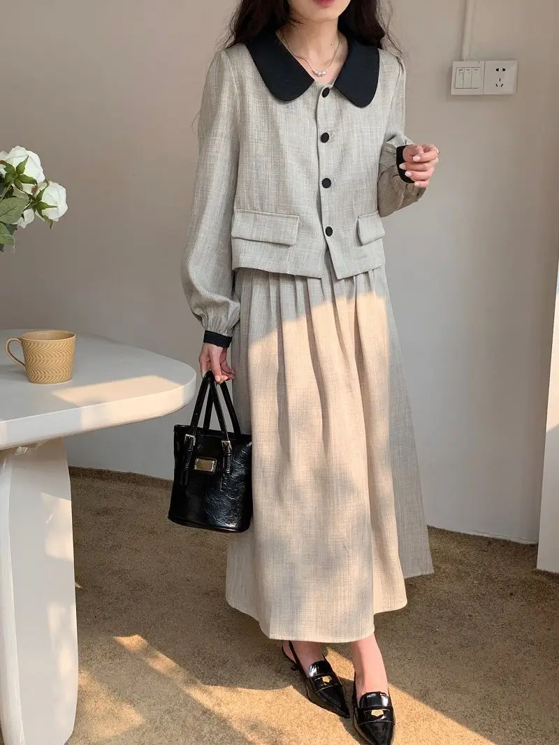 Spring and Autumn New Splicing Color Contrasting Simple Collar Short Coat+High Waist Pleated Half Skirt Elegant Women's Set