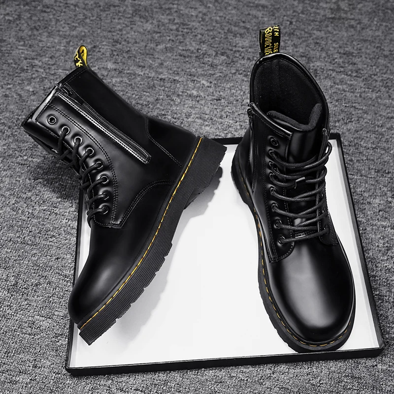 Leather Boots Man Autumn Winter High Top Classic Basic England Black Men\'s Biker Boot Fashion Young Waterproof Trendy All-match