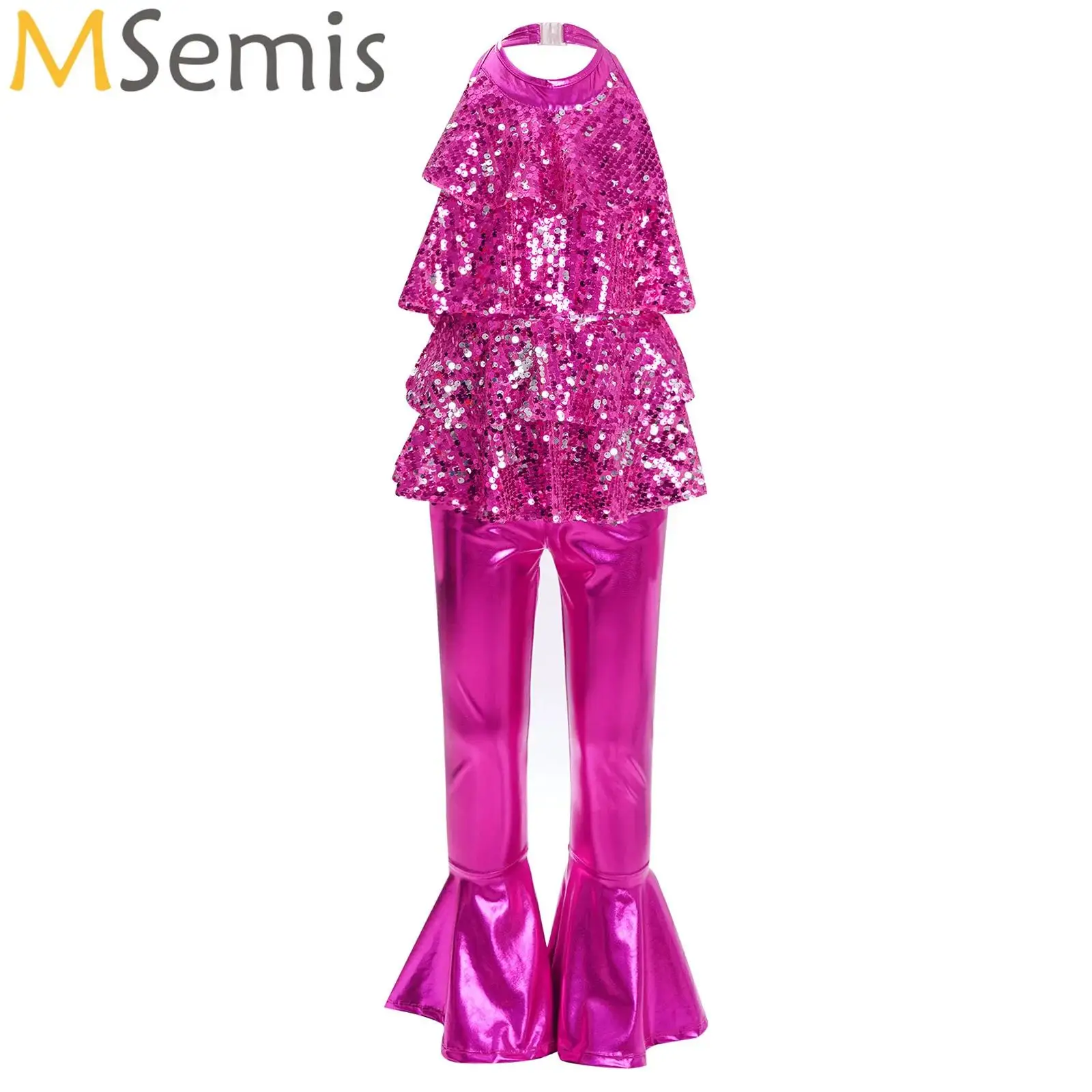 

Children Girls Hip Hop Jazz Street Dance Costume Shiny Sequin Ruffles Leotard with Bell-bottom Pants Stage Performance Dancewear