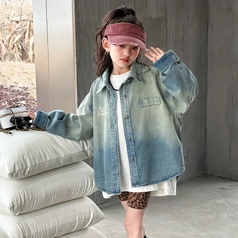 Leisure junior Girls Child Blue Denim Shirt Coat Autumn Loose Fashion Versatile Casual teen Kids Boy shirts wear clothes 4-12 14