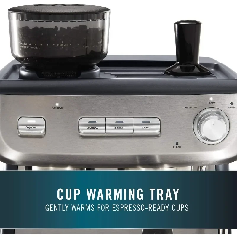 Calphalon Espresso Machine with Coffee Grinder, Tamper, Milk Frothing Pitcher, and Steam Wand, Temp iQ 15 Bar Pump, Stainless