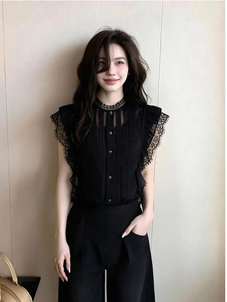

Black Lace Splice Shirt Women's Summer New Design Sensation Maturity Style Top Casual Style Short Sleeve Inner Wear Design