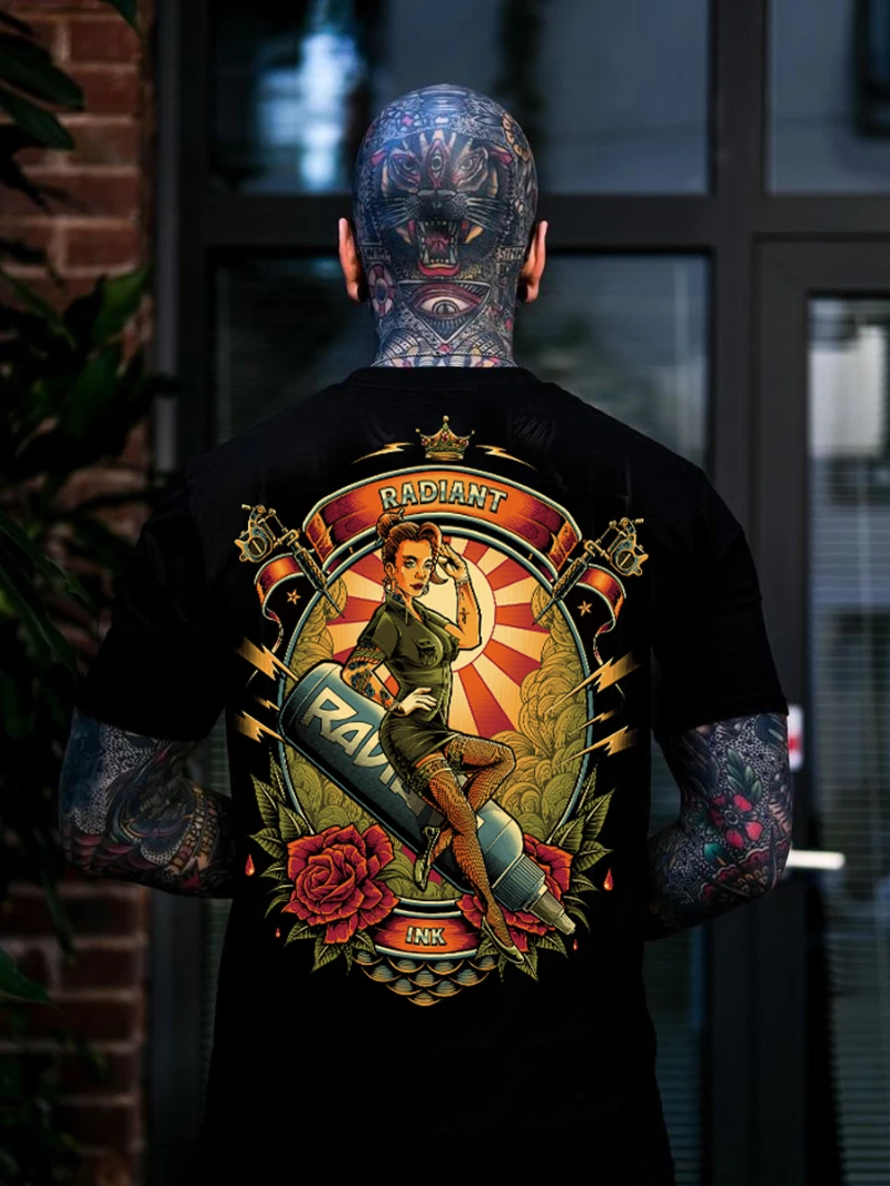 

May Khaki heavy loose T-shirt personality American retro women and men motorcycle creative printed short sleeves popular