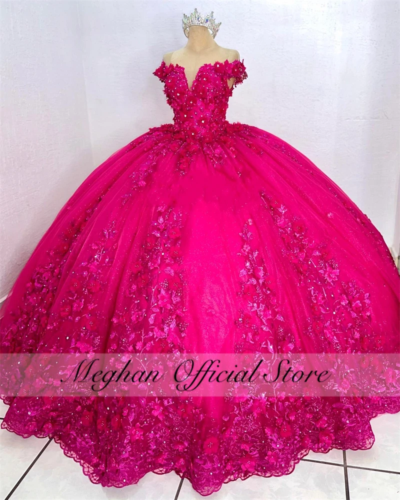 Mexico Pink Off The Shoulder Quinceanera Dress 2024 Beaded 3D Flower Corset Prom Dress Ball Gown 3D Flowers Sweet 16 Customized