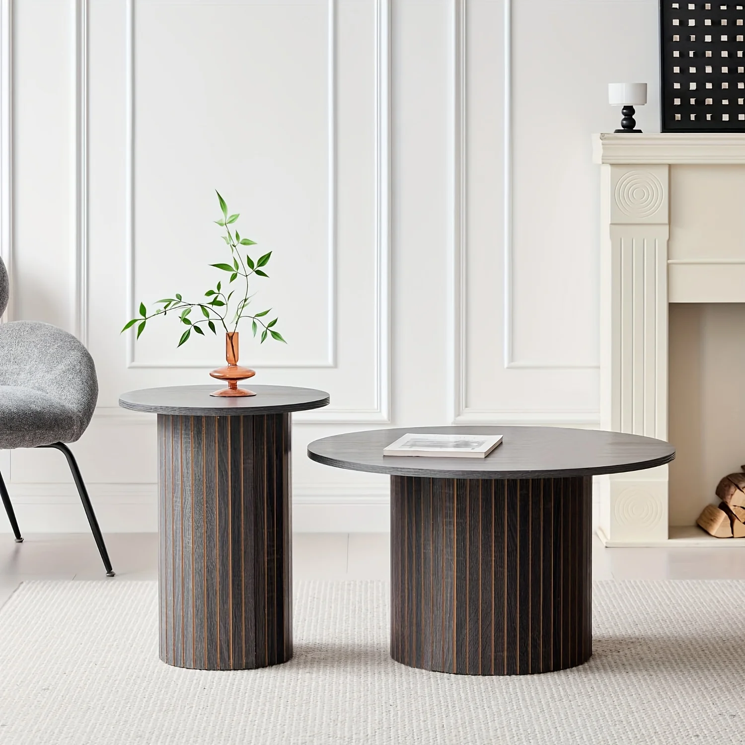 Round Nesting Coffee Tables Set of 2, Boho Wood Circle Side Table Fluted Drum, Farmhouse End Table for Living Room Bedroom