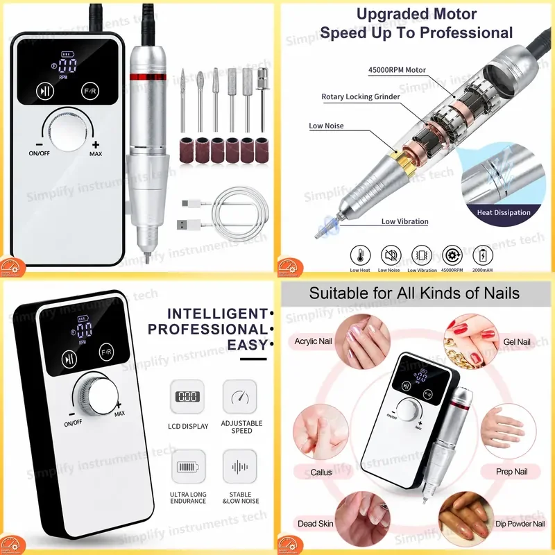 Professional Nail Drill 45000 RPM Rechargeable Nail File Grinder with 6 Interchangeable Bits Portable Nail