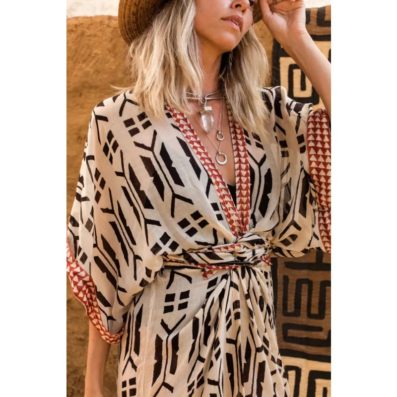 Women Bohemian Kimono Cloak Cardigan Swimsuit Woman Dress Beach Cover Up 2024 Summer Beachwear Swimwear Smock Bikini Cover Ups