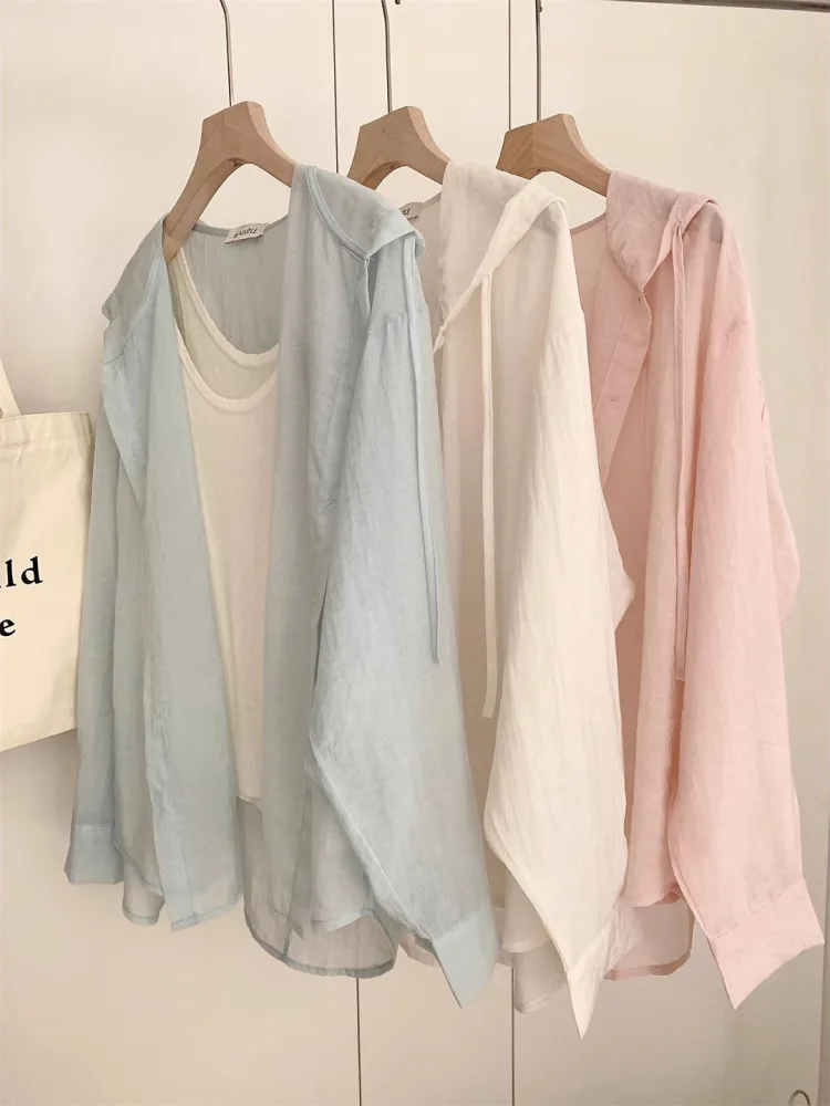 

Весенне-летняя легкая женская рубашка с длинными рукавами и капюшоном для защиты от солнца, повседневная свободная верхняя одежда для кондиционированных помещений, летняя рубашка